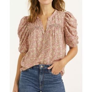 Bishop + Young Floral Puff Short Sleeve Blouse Shirt Pink Small